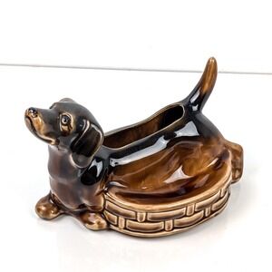 Vintage Ceramic Dachshund Dog Planter Trinket Dish Brown Black Glossy 8 Inch